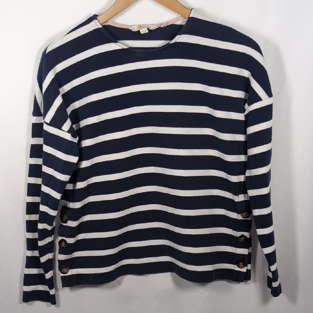 Boden Sophie Breton Stripe Button Side Navy & White Top Nautical Coastal Preppy